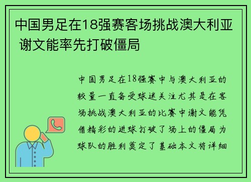 中国男足在18强赛客场挑战澳大利亚 谢文能率先打破僵局 中国男足在18强赛客场挑战澳大利亚 谢文能率先打破僵局