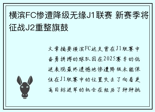 横滨FC惨遭降级无缘J1联赛 新赛季将征战J2重整旗鼓 横滨FC惨遭降级无缘J1联赛 新赛季将征战J2重整旗鼓